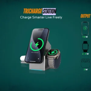 TriCharge QI2 3-in-1 15W Wireless Charging Station — Auto-Rotating Fast Charger for Phone, Watch & Earbuds | The Gadget Haus Pakistan