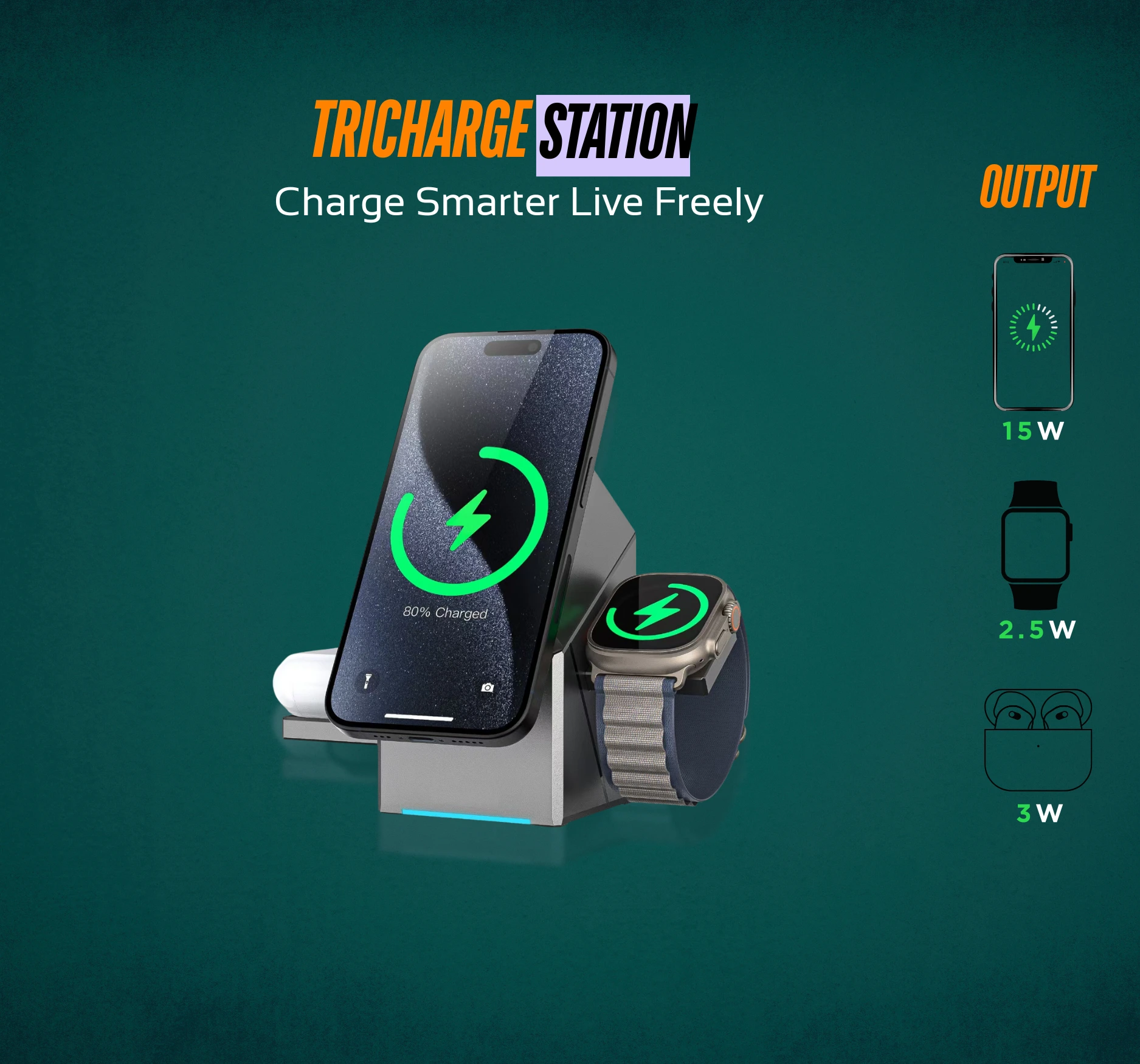TriCharge QI2 3-in-1 15W Wireless Charging Station — Auto-Rotating Fast Charger for Phone, Watch & Earbuds | The Gadget Haus Pakistan