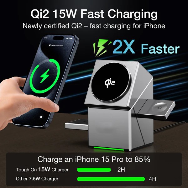 TriCharge QI2 3-in-1 15W Wireless Charging Station — Auto-Rotating Fast Charger for Phone, Watch & Earbuds | The Gadget Haus Pakistan - Image 4