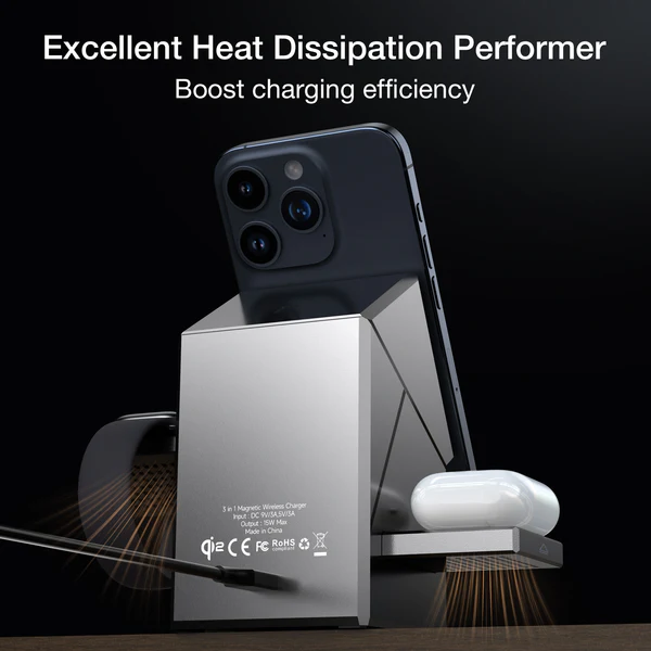 TriCharge QI2 3-in-1 15W Wireless Charging Station — Auto-Rotating Fast Charger for Phone, Watch & Earbuds | The Gadget Haus Pakistan - Image 5