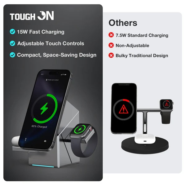 TriCharge QI2 3-in-1 15W Wireless Charging Station — Auto-Rotating Fast Charger for Phone, Watch & Earbuds | The Gadget Haus Pakistan - Image 6
